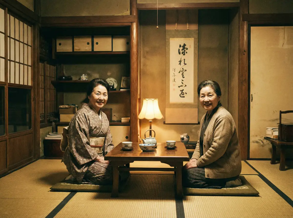 两位优雅的 九色 在日式茶室中品茶交谈